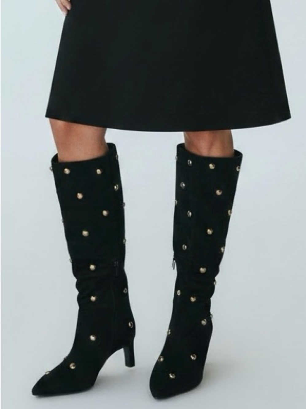 Knee-High Studded Suede Heeled Boots - Black